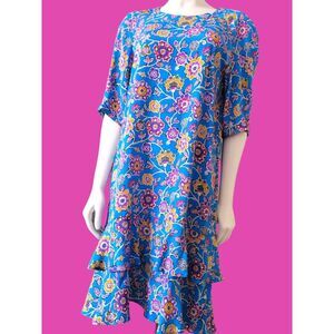 Vintage 80s Ms Chaus Silky Floral Secretary Ruffle Dress Size 6 Light Airy